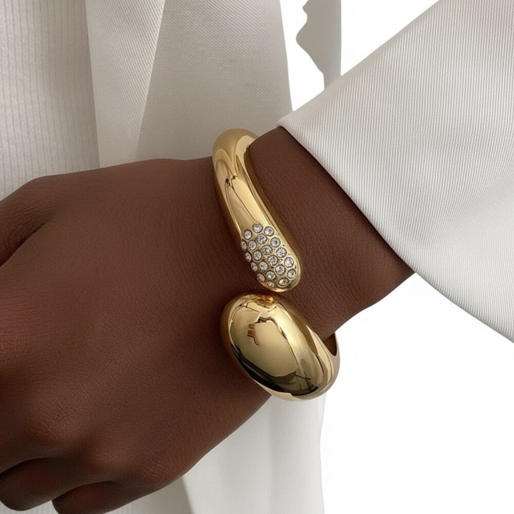 Natasha Gold Chunky Molten Bypass Bracelet Sculptural Cuff Pave Boho Teardrop CZ